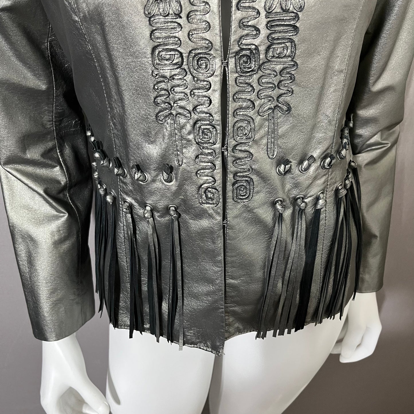 Leather Chi Silver Metallic Artsy Print Rare Moto Leather Jacket Sz-Xtra Small