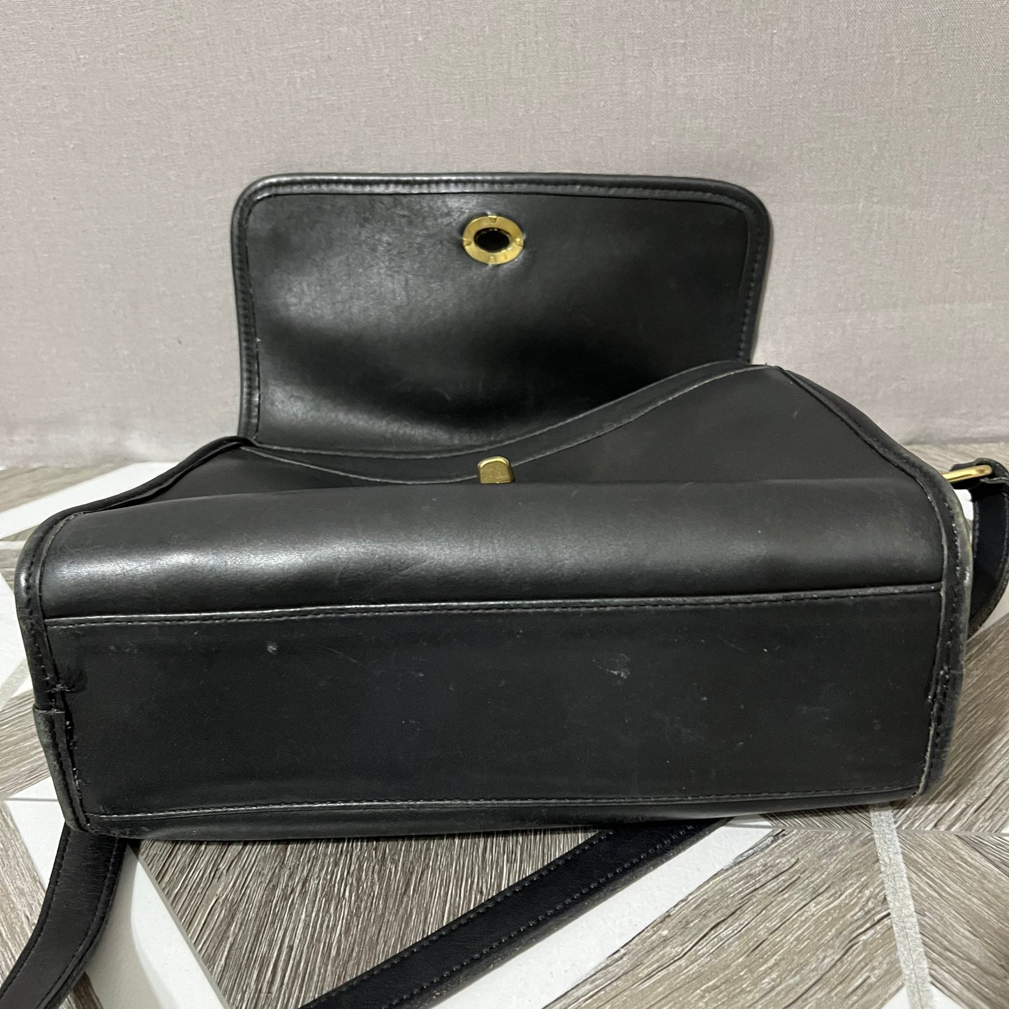 Vintage Coach Black Leather Top Handle Crossbody Handbag
