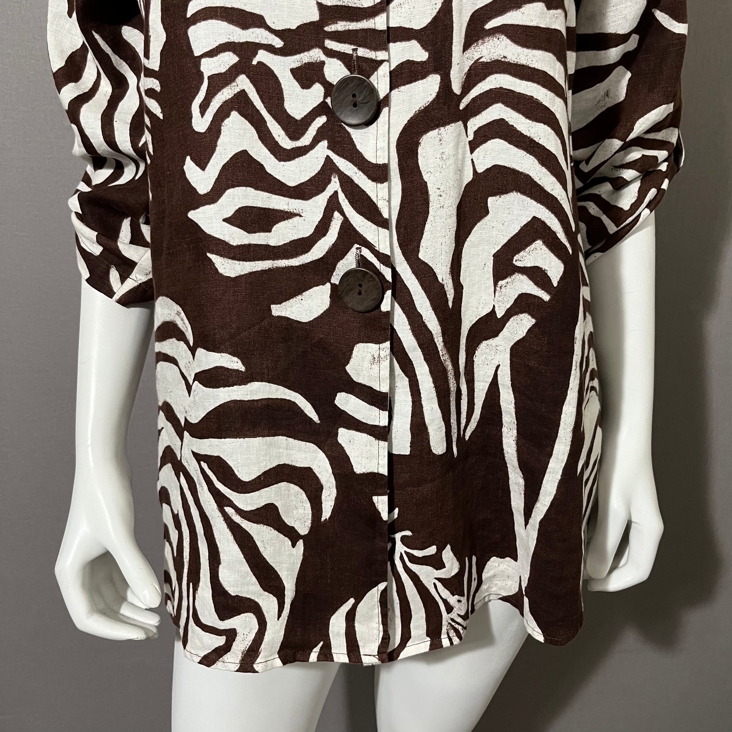 Jones New York Brown Linen Zebra Print Shirt Sz- Small/Medium