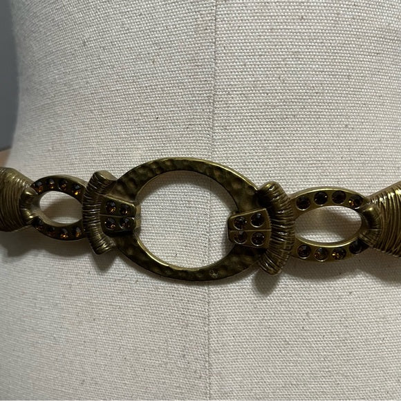Chicos Chocolate Brown Thin Antique Gold Jeweled Leather Adjustable Belt