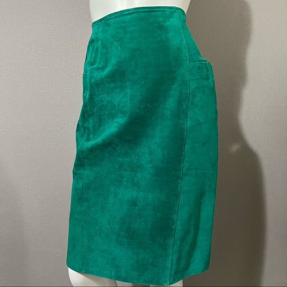 Vintage Cedars Green 2 Pc Suede Leather Skirt Suit Set Sz-Medium/Large