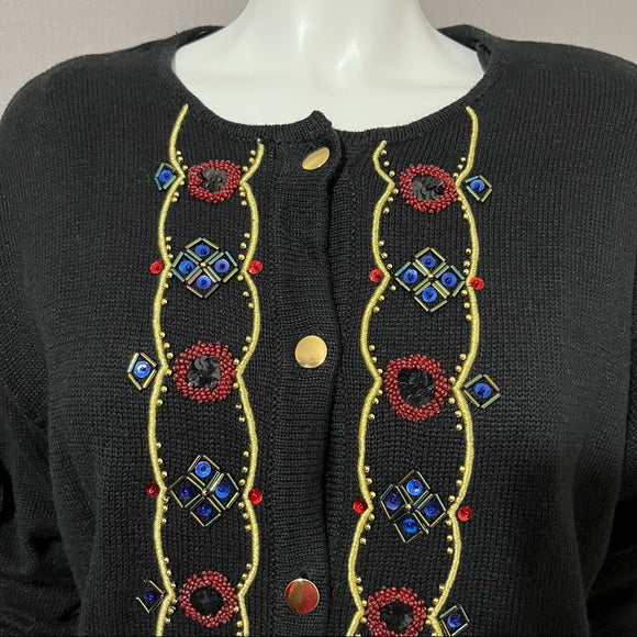 Leslie Fay Black With Sequin Detail Button Front Cardigan Sz- Xtra Large