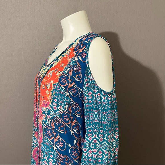 Tolani Multi-Color Silk Tunic Top Exposed Shoulder Long Sleeve Sz Large