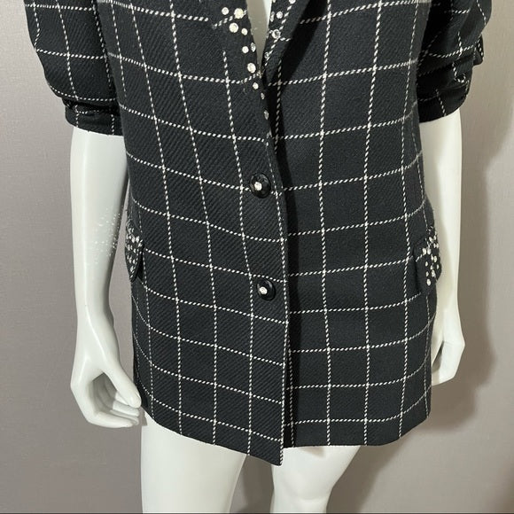 Vintage Criscione Black Windowpane Jeweled Wool Silk Blazer Sz-Large