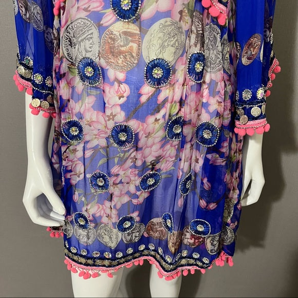 Jode Royal Blue | Pink Silk Pom Pom Tunic Top 3/4 Sleeve Sz Extra Large