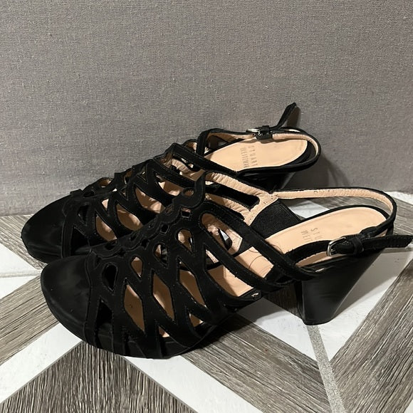 Stuart Weitzman Black Suede Leather Peep Toe Heels Sz-6 1/2 M