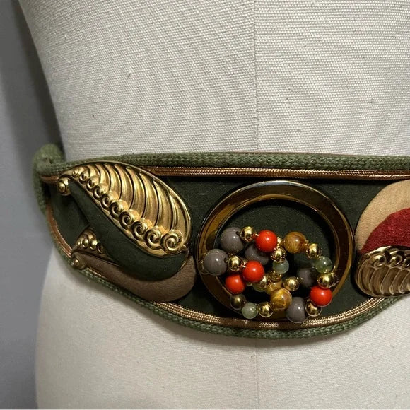 Carolyn Tanner Vintage Suede Leather Green Beaded Belt Adjustable