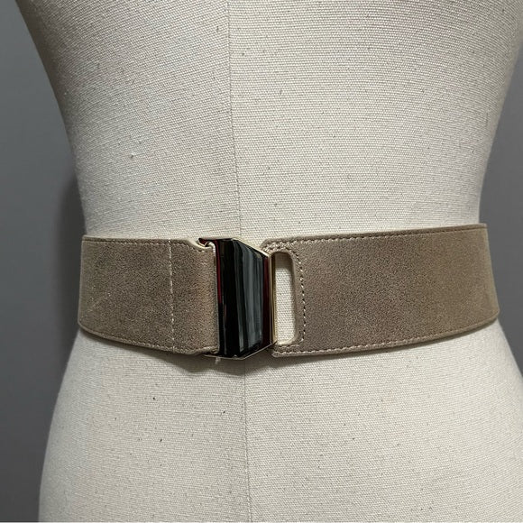 White House Black Market Leather Shimmer Gold Buckle Stretch Belt Sz-Medium