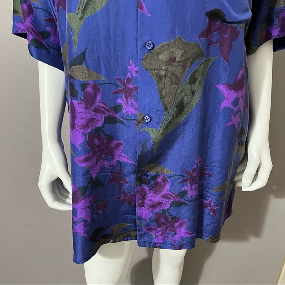 Silks Blue Floral Hawaiian Theme 100% Silk Mens Shirt Sz-Large