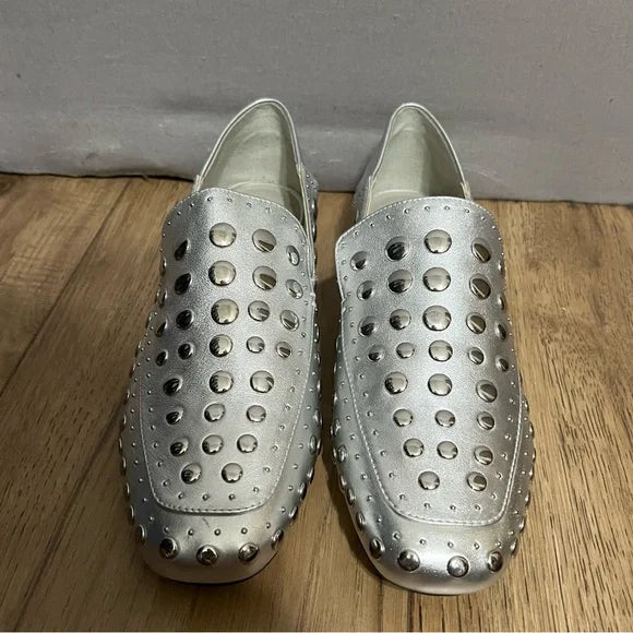 1. State Silver Metallic Leather Studded Loafers Sz-9 1/2 M