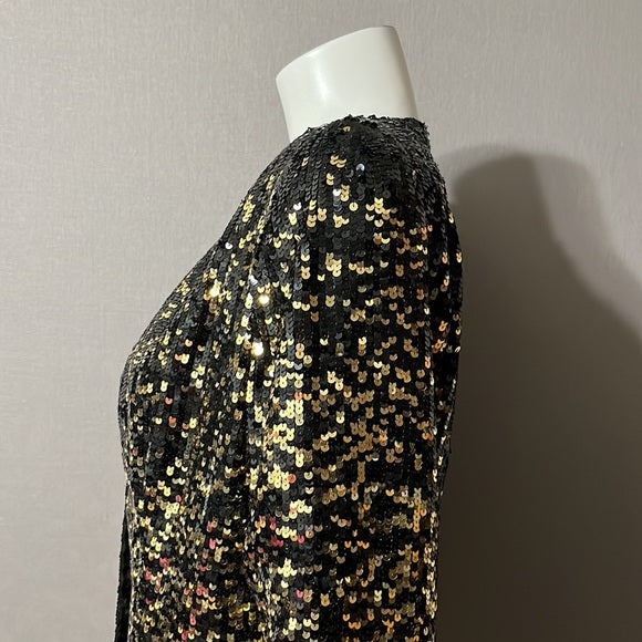 Oleg Cassini Black | Gold Sequin Open Front Silk Jacket Sz- Medium