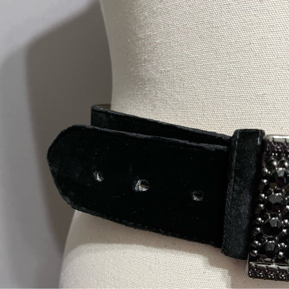 Chico’s Black Velvet Leather Gunmetal Gray Rhinestone Belt Sz-Small/Medium