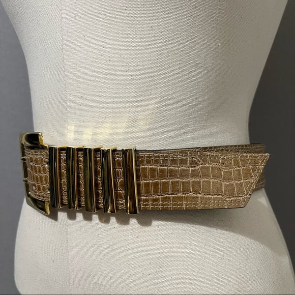 Escada Brown Patent Textured Leather With Gold Buckle Belt Sz-Medium