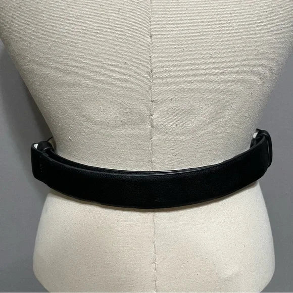 Chico’s Black Leather Adjustable Belt With Circle Metal Buckle Sm/Med