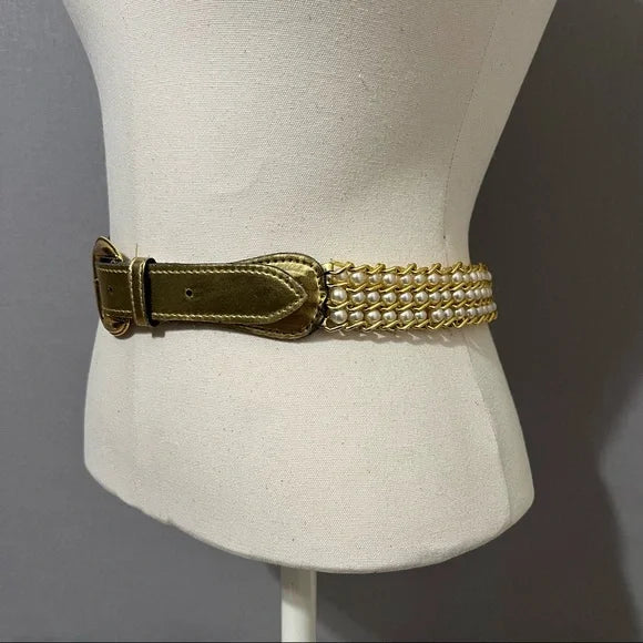 Gold Leather With Pearl Beaded Belt Sz-Medium-Large