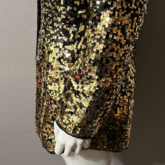Oleg Cassini Black | Gold Sequin Open Front Silk Jacket Sz- Medium