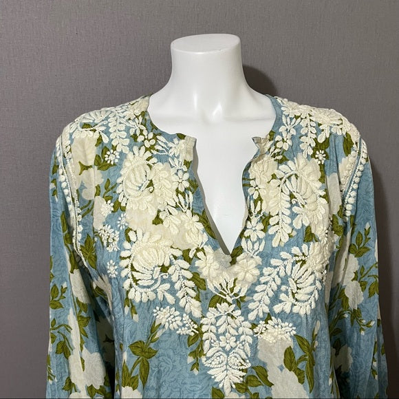 Amaya Light Blue Floral Embroidered Tunic Top 3/4 Sleeve Sz-Medium