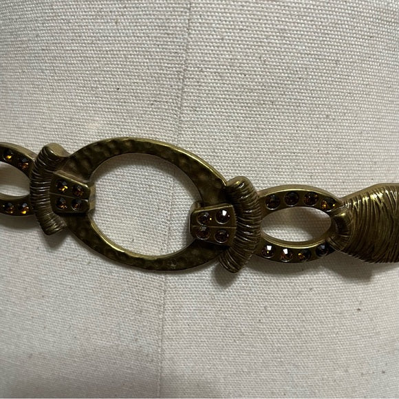 Chicos Chocolate Brown Thin Antique Gold Jeweled Leather Adjustable Belt