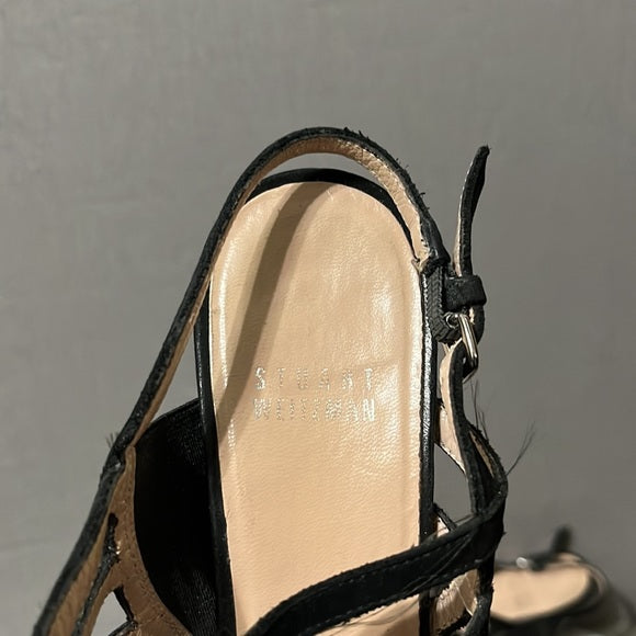 Stuart Weitzman Black Suede Leather Peep Toe Heels Sz-6 1/2 M