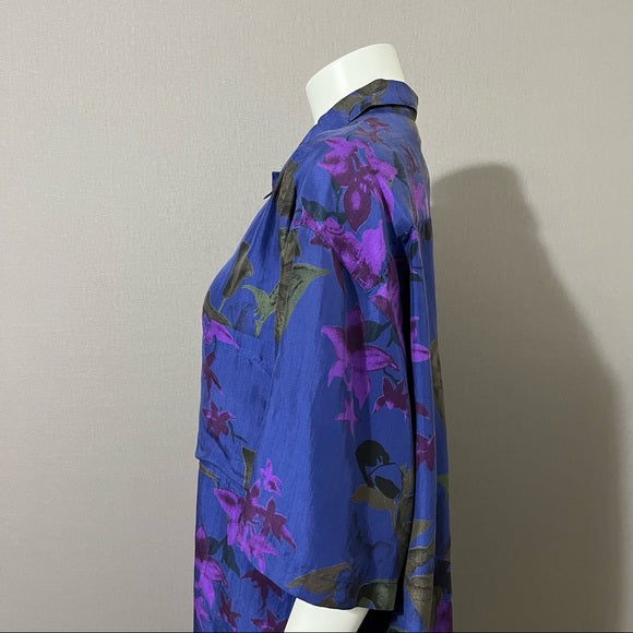 Silks Blue Floral Hawaiian Theme 100% Silk Mens Shirt Sz-Large