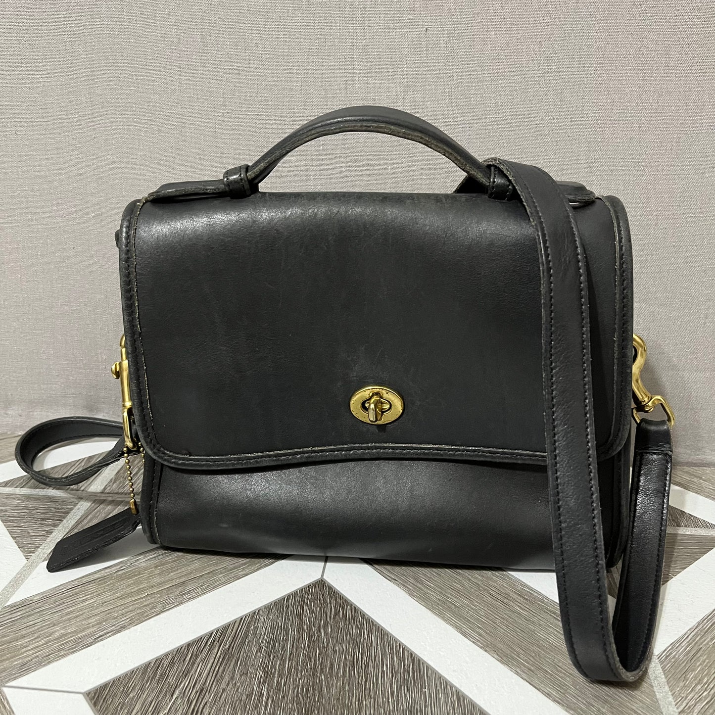 Vintage Coach Black Leather Top Handle Crossbody Handbag