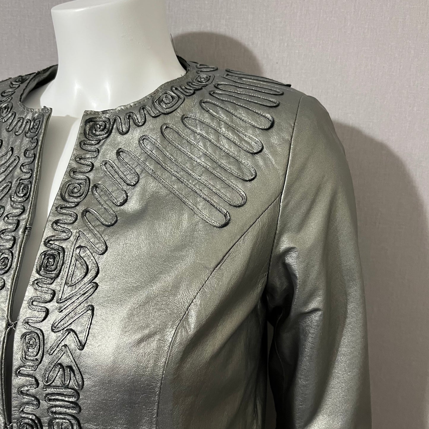 Leather Chi Silver Metallic Artsy Print Rare Moto Leather Jacket Sz-Xtra Small