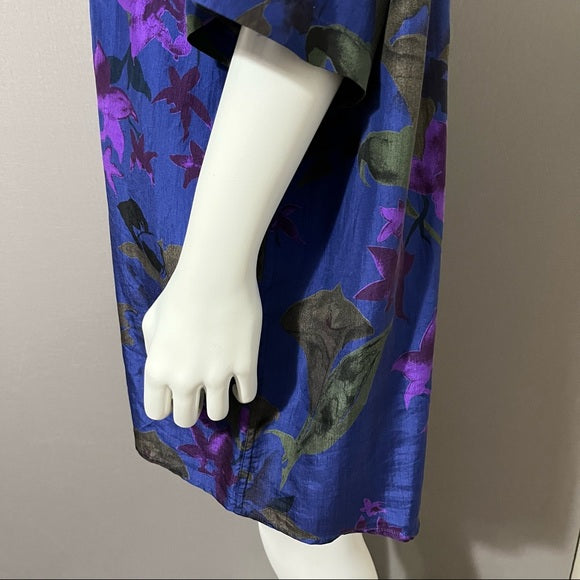 Silks Blue Floral Hawaiian Theme 100% Silk Mens Shirt Sz-Large