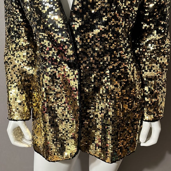 Oleg Cassini Black | Gold Sequin Open Front Silk Jacket Sz- Medium