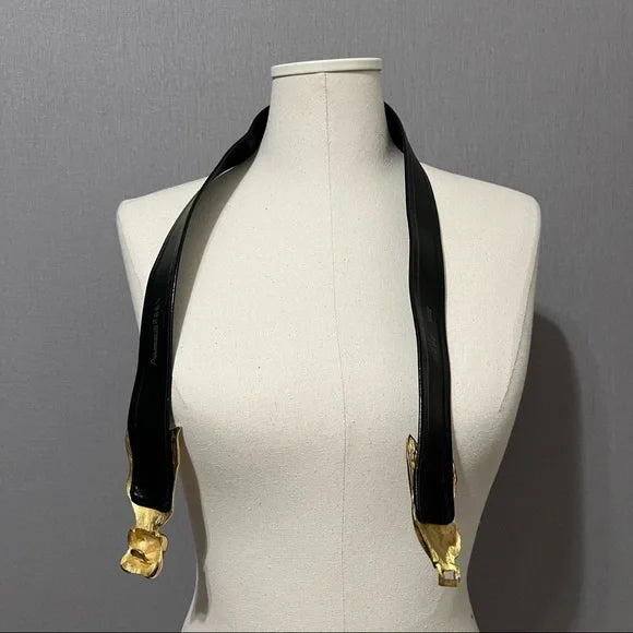 Vintage Black Leather Gold Floral Buckle Adjustable Belt Sz-Small/Large