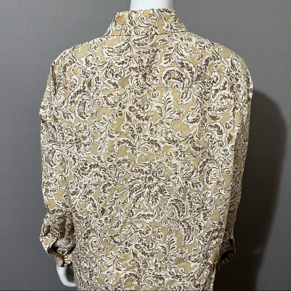 Jones New York Brown Leaf Print Cotton Button Front Shirt Sz-1X