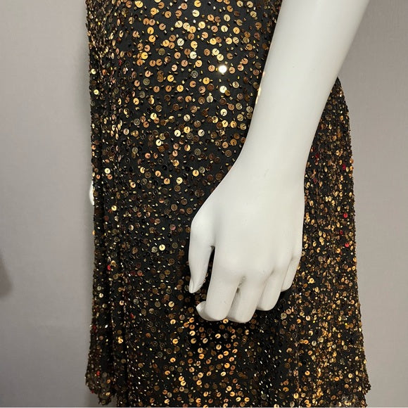 Vintage Oleg Cassini Black Gold Sequin Fit & Flare Dress Sz-12