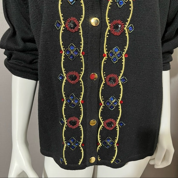 Leslie Fay Black With Sequin Detail Button Front Cardigan Sz- Xtra Large