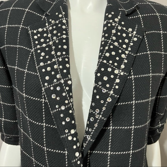 Vintage Criscione Black Windowpane Jeweled Wool Silk Blazer Sz-Large