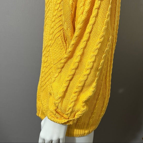 Wainscott Mustard Yellow Cotton Chunky Cable Knit Turtleneck Sz-Large