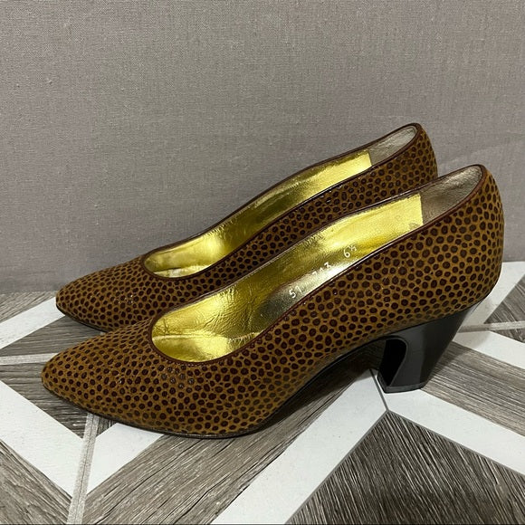 Vintage Escada Cognac Brown Suede Leather Heel Sz-6 1/2