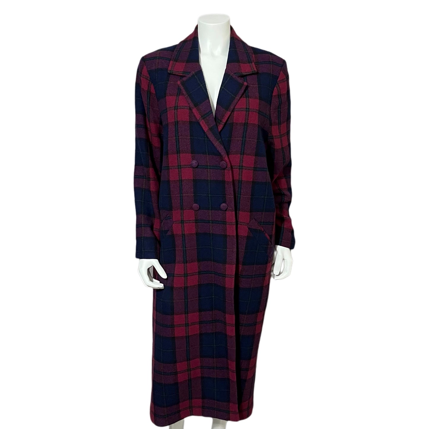 Wool Branigan Weavers Plaid Burgundy/Navy Longline Coat Sz-Small