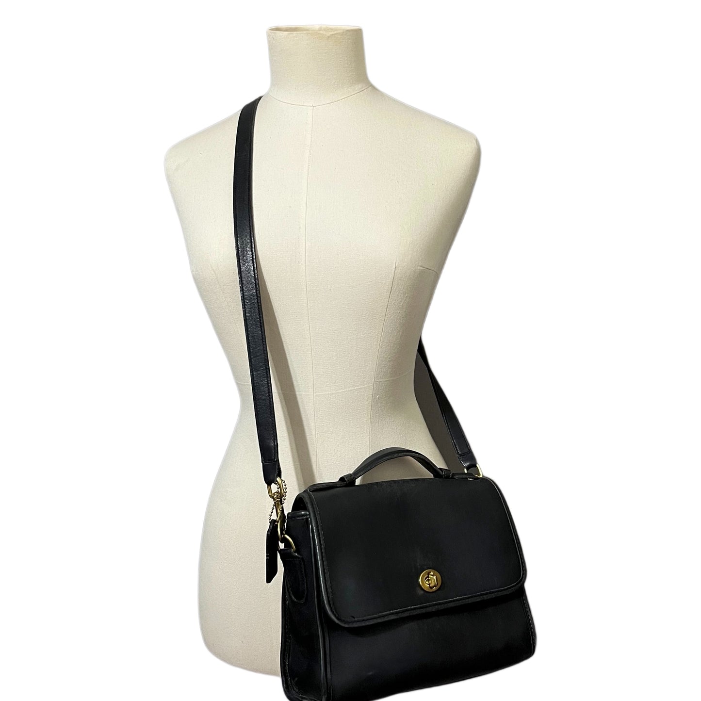 Vintage Coach Black Leather Top Handle Crossbody Handbag