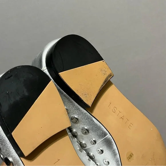 1. State Silver Metallic Leather Studded Loafers Sz-9 1/2 M