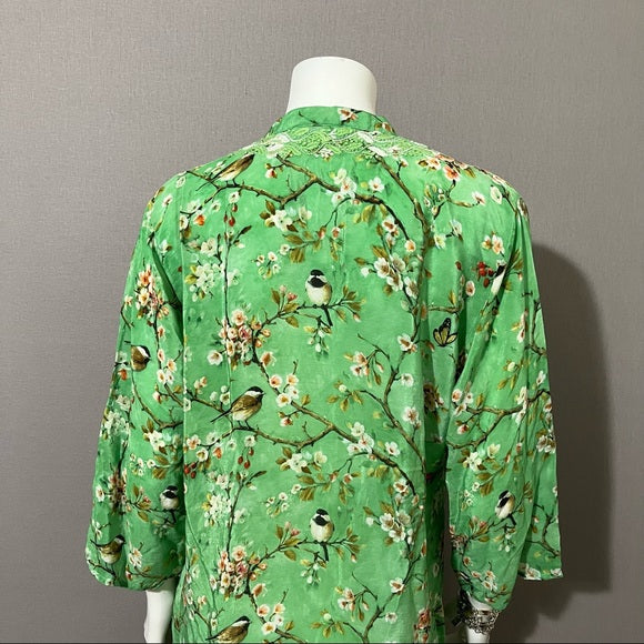 Amaya Green Floral Silk Print Tunic Top with Beads & Embroidered Sz Medium