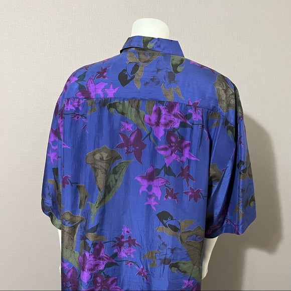Silks Blue Floral Hawaiian Theme 100% Silk Mens Shirt Sz-Large