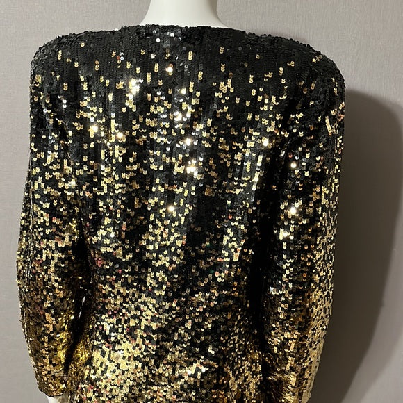 Oleg Cassini Black | Gold Sequin Open Front Silk Jacket Sz- Medium