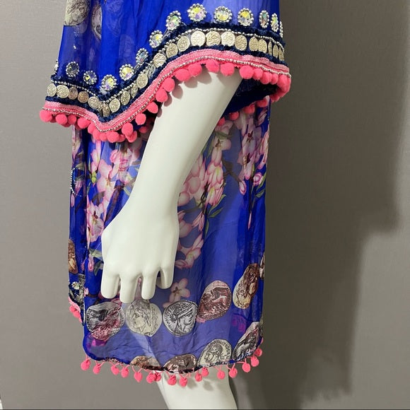 Jode Royal Blue | Pink Silk Pom Pom Tunic Top 3/4 Sleeve Sz Extra Large