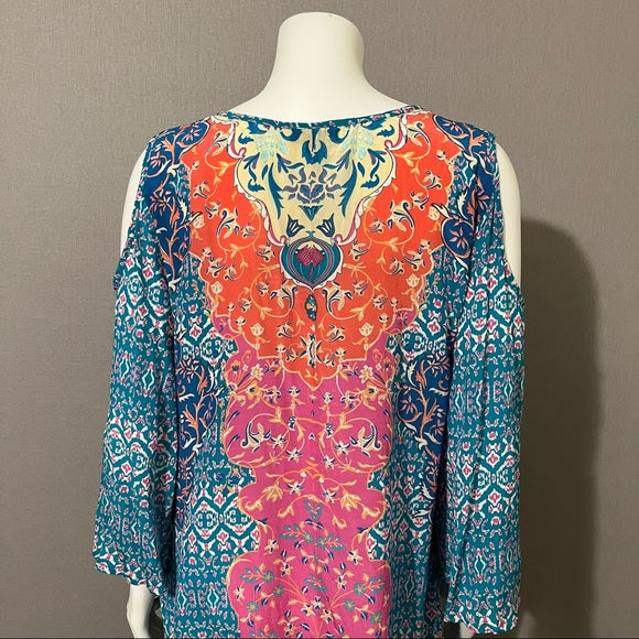 Tolani Multi-Color Silk Tunic Top Exposed Shoulder Long Sleeve Sz Large