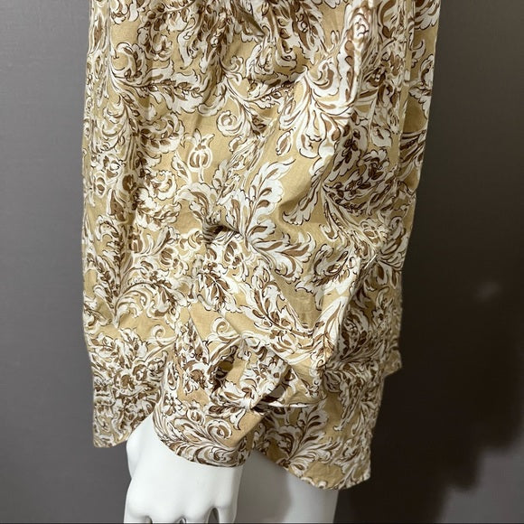 Jones New York Brown Leaf Print Cotton Button Front Shirt Sz-1X