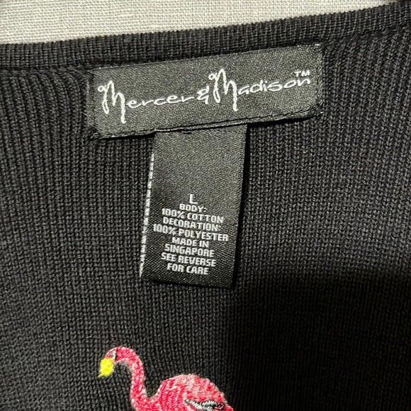 Mercer & Madison Black V-neck Cardigan Flamingo Print Sz- Large