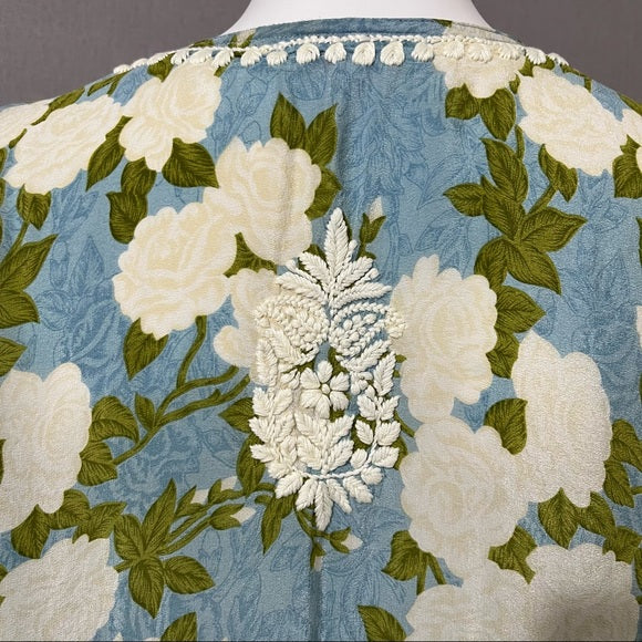 Amaya Light Blue Floral Embroidered Tunic Top 3/4 Sleeve Sz-Medium
