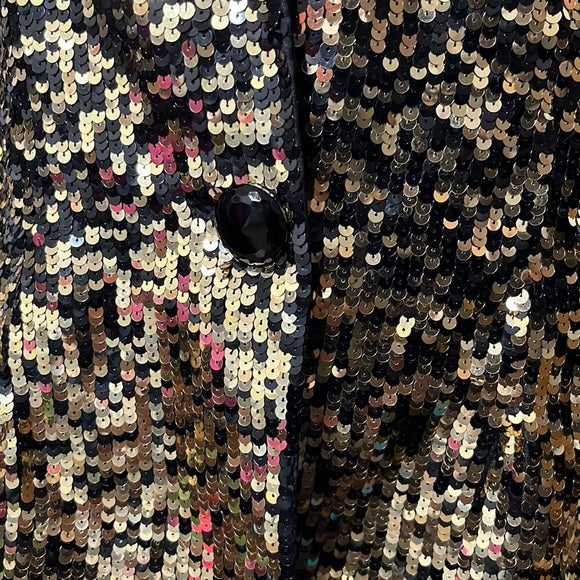 Oleg Cassini Black | Gold Sequin Open Front Silk Jacket Sz- Medium