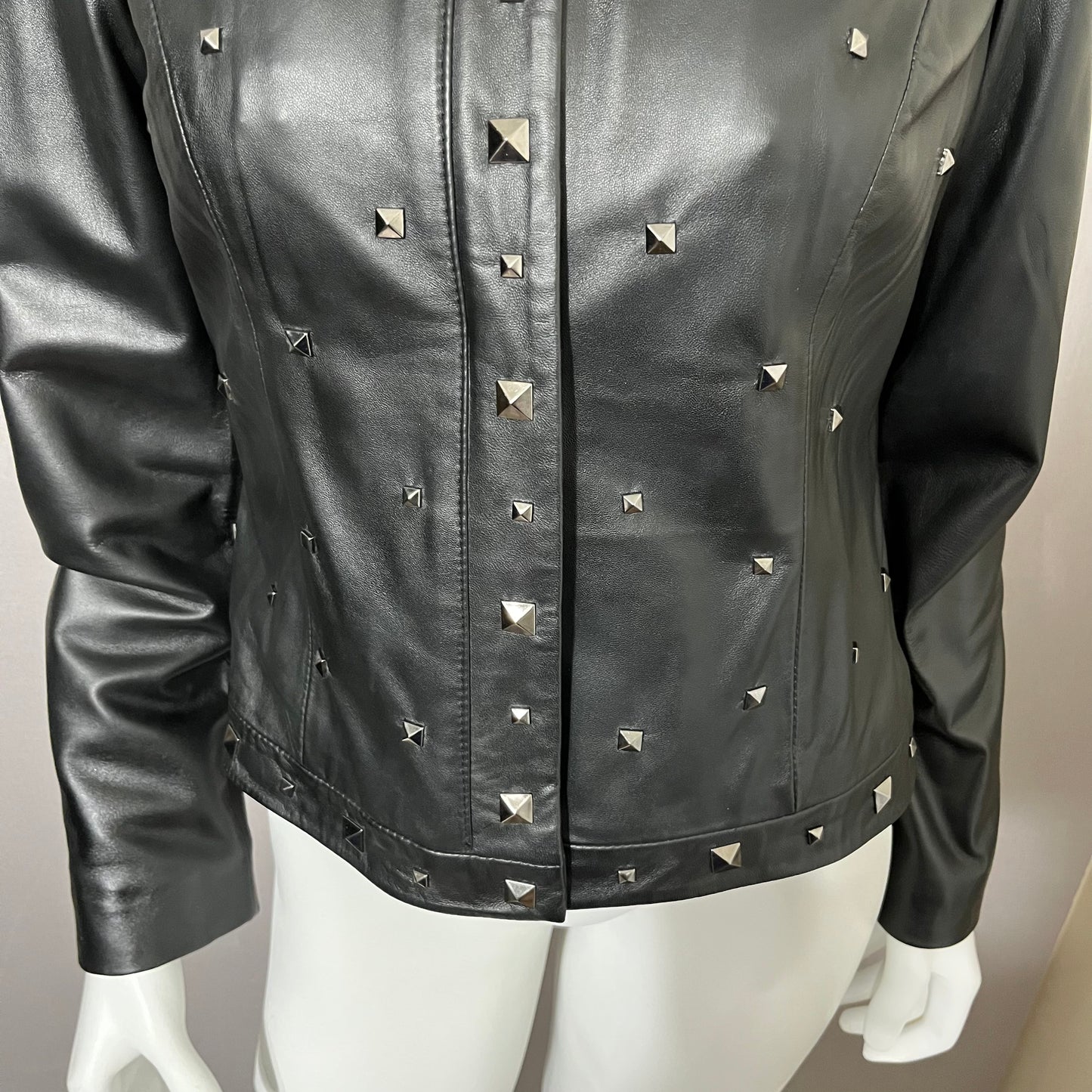 Leather Yvonne & Marie Silver Studded Black Moto Leather Jacket Sz-6 Small