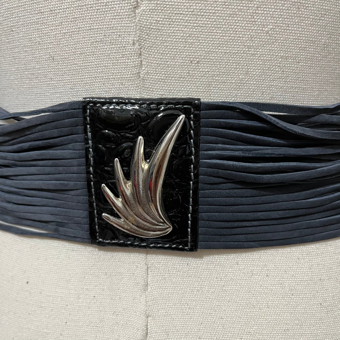 Vintage Escada Black Patent Leather With Strings Silver Hardware Belt Sz-40