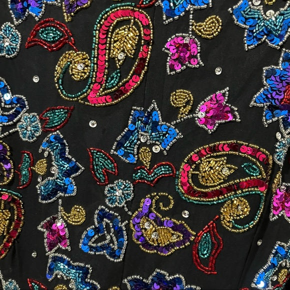 Vintage Sequin Silk Black With Sheer Sleeve Sweatheart Neckline Sz-Xtra Large